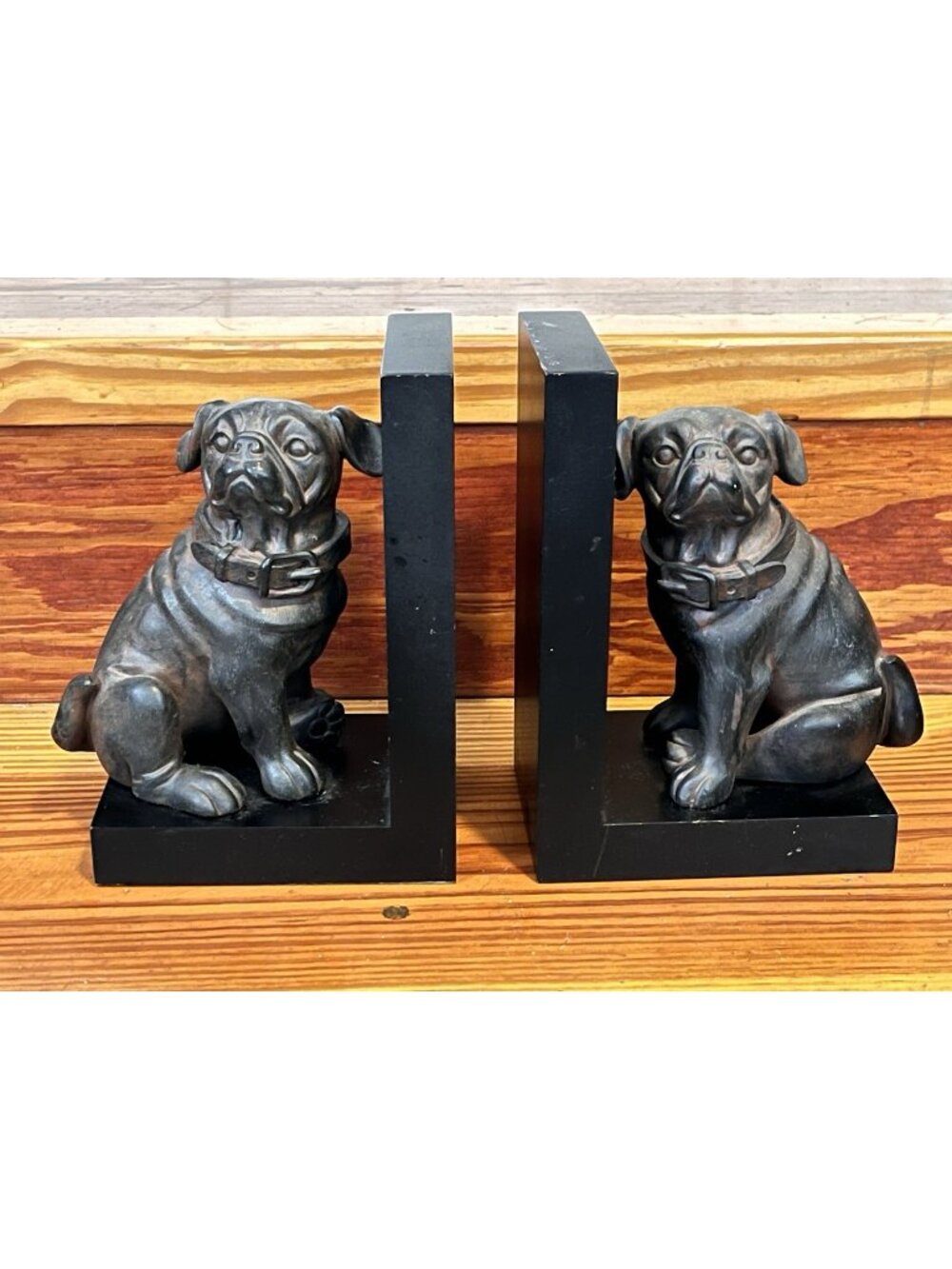 Pug Dog Bookends Faux Bronze Resin Black Wood Book Ends Home Decor Shelf Statue
